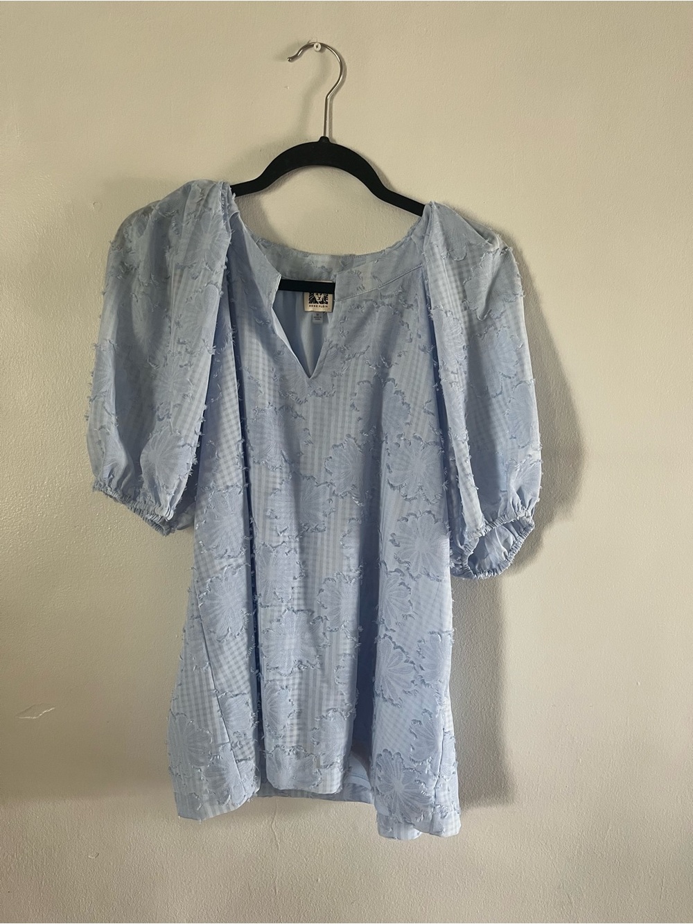 Anne Klein Light Blue Puff Sleeve Eyelet Blouse